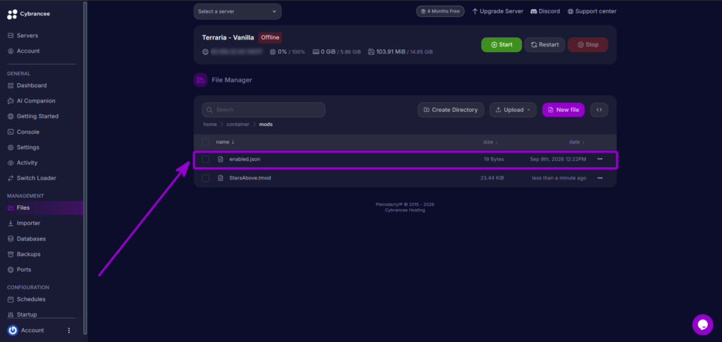 Cybrancee Panel Terraria Mods Folder Enabled Json File Row Outlined With Arrow