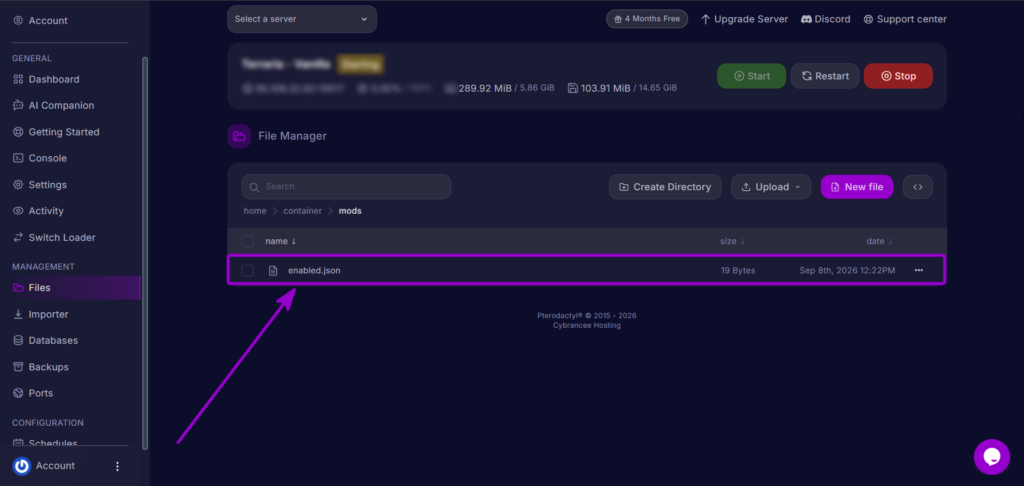 Cybrancee Panel Terraria Mods Folder Enabled Json File Row Outlined With Arrow