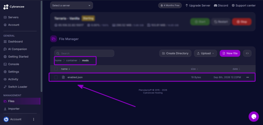 Cybrancee Panel Terraria File Manager Enabled Json File Outlined With Arrow