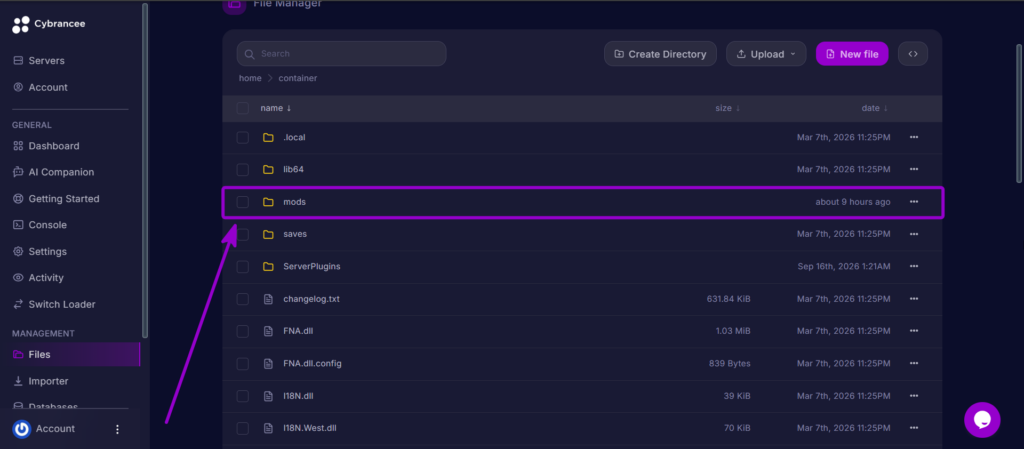 Selecting the mods folder in the Cybrancee server file manager.