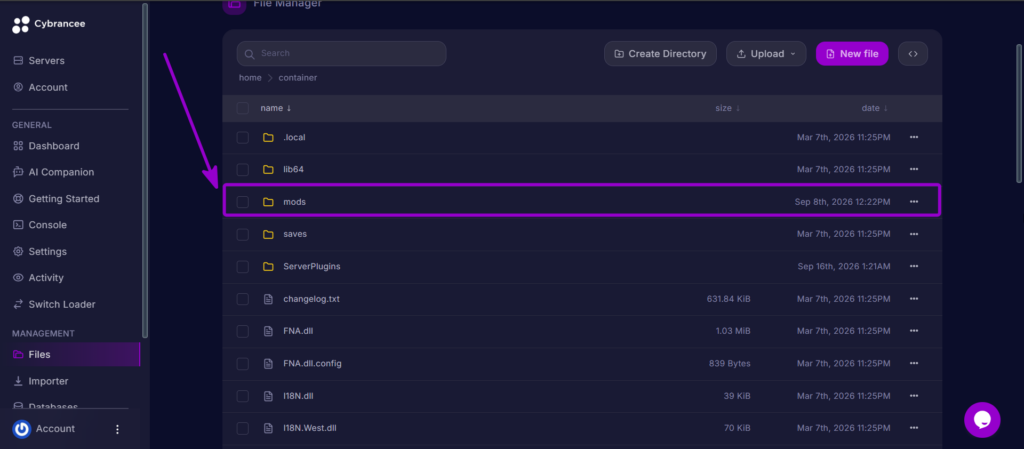 Selecting the mods folder in the Cybrancee server file manager.