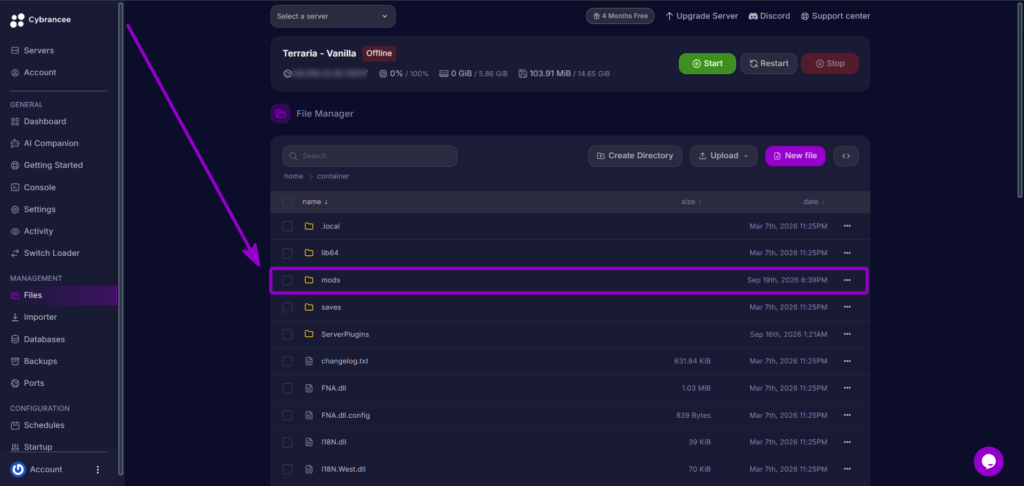 Cybrancee Panel Terraria File Manager Mods Folder Outlined With Arrow