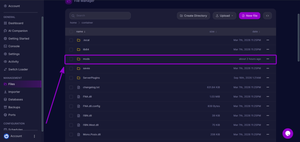 Cybrancee Panel Terraria File Manager Mods Folder Outlined With Arrow