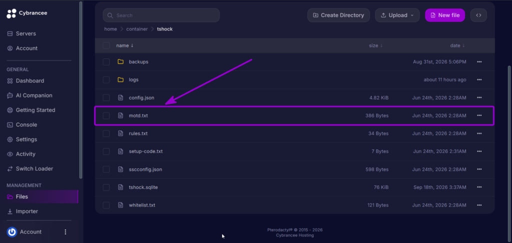 Cybrancee Panel Terraria File Manager Motd Txt File Outlined With Arrow