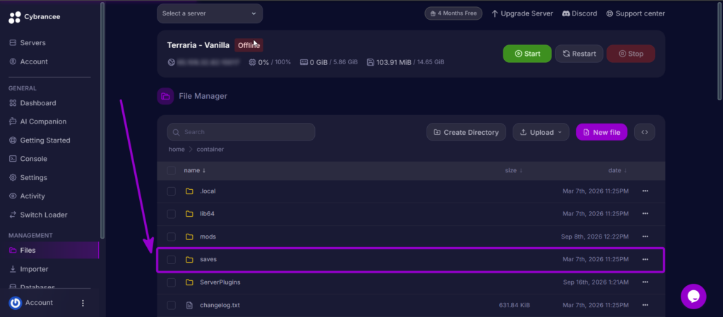 Selecting the saves folder in the Cybrancee server file manager.