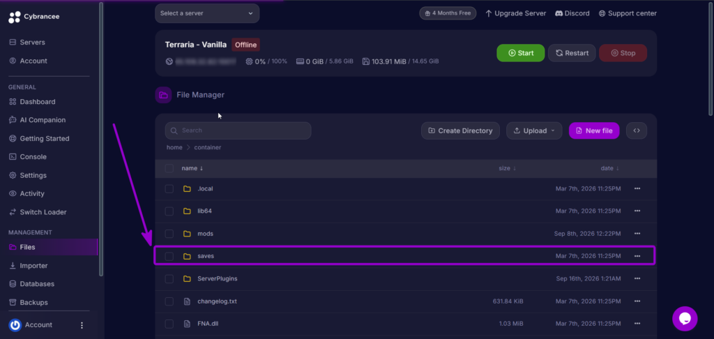 Selecting the saves folder in the Cybrancee server file manager.