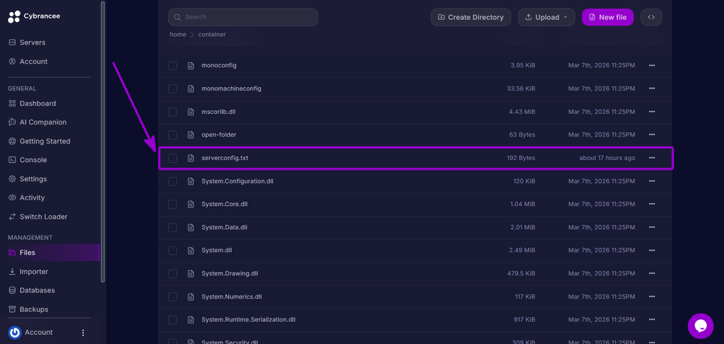 Locating and opening the serverconfig.txt file in the Cybrancee file manager.