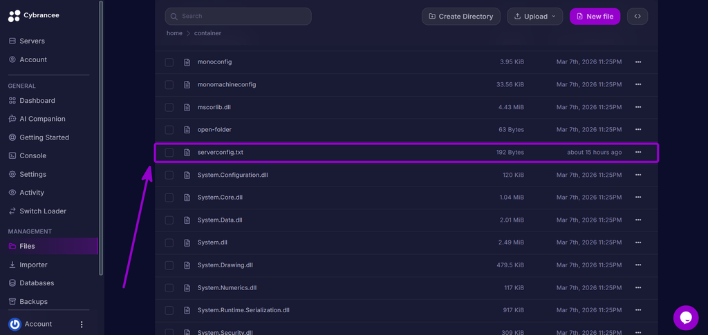 Locating and opening the serverconfig.txt file in the Cybrancee file manager.