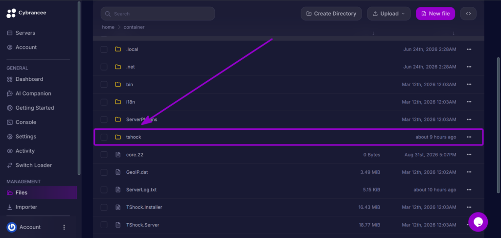 Cybrancee Panel Terraria File Manager TShock Directory Outlined With Arrow