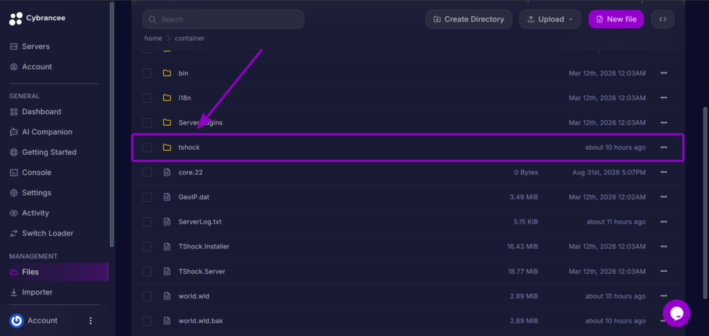 Cybrancee Panel Terraria File Manager TShock Directory Outlined With Arrow