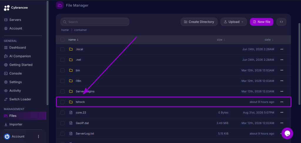 Cybrancee Panel Terraria File Manager TShock Folder Outlined With Arrow