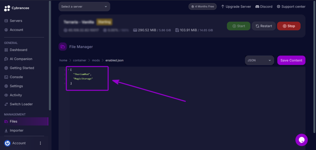 Cybrancee Panel Terraria Optimize Enabled Json Mod List Outlined With Arrow