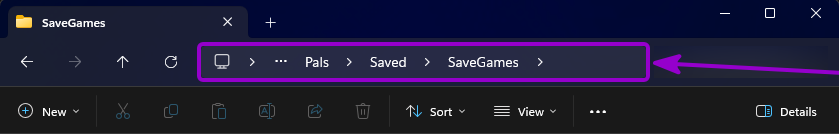 Palworld - 'SaveGames' folder path on PC outlined with arrow