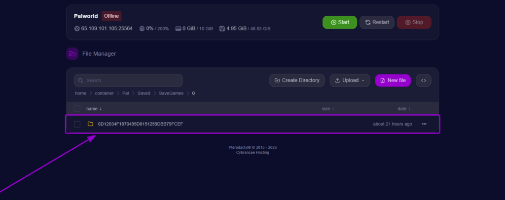 Palworld - Server world folder outlined with arrow