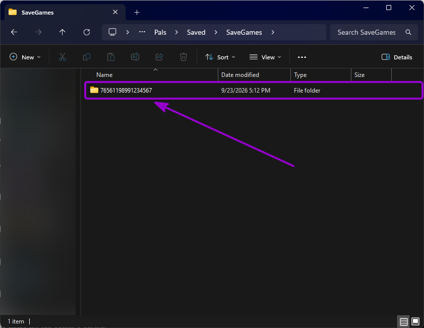 Palworld - SteamID64 folder outlined with arrow