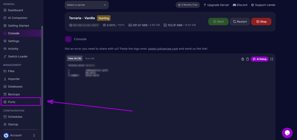 Selecting the Ports tab from the Cybrancee control panel sidebar.