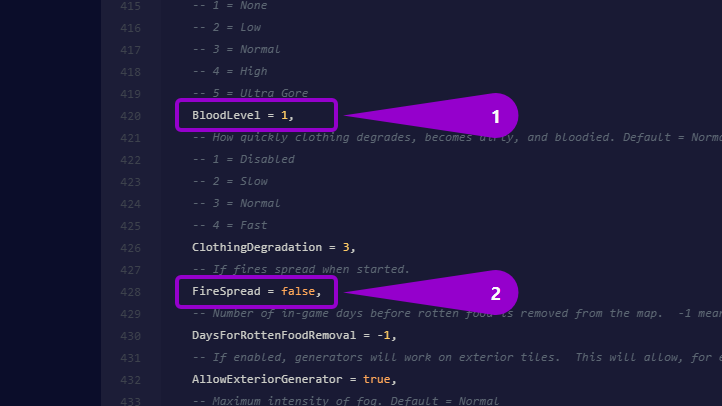 Project Zomboid - 'BloodLevel' and 'FireSpread' options outlined with arrow