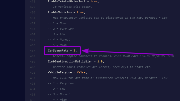 Project Zomboid - 'CarSpawnRate' option outlined with arrow