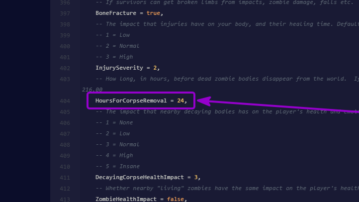 Project Zomboid - 'HoursForCorpseRemoval' option outlined with arrow