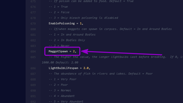 Project Zomboid - 'MaggotSpawn' option outlined with arrow