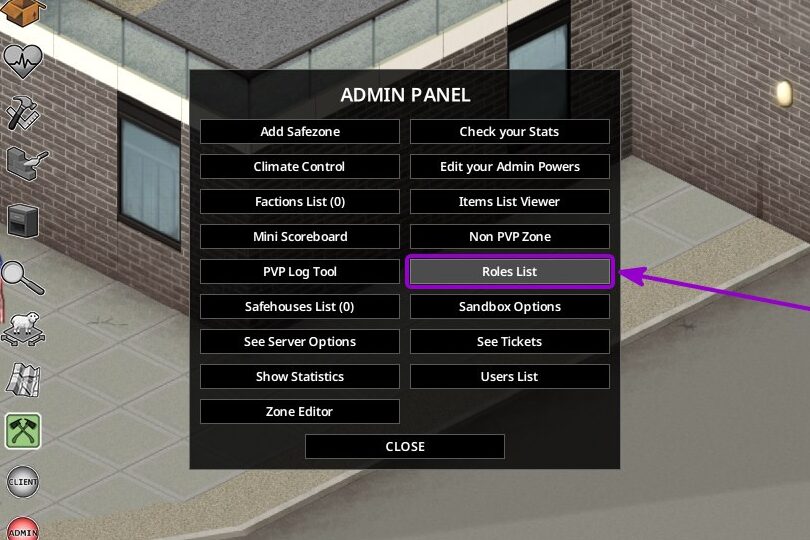 Project Zomboid - 'Roles List' button outlined with arrow