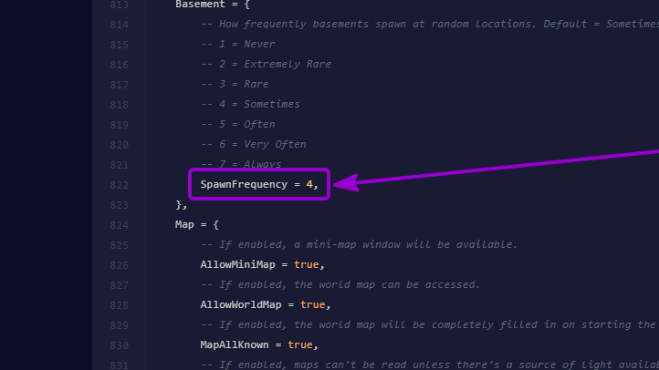Project Zomboid - 'SpawnFrequency' option outlined with arrow