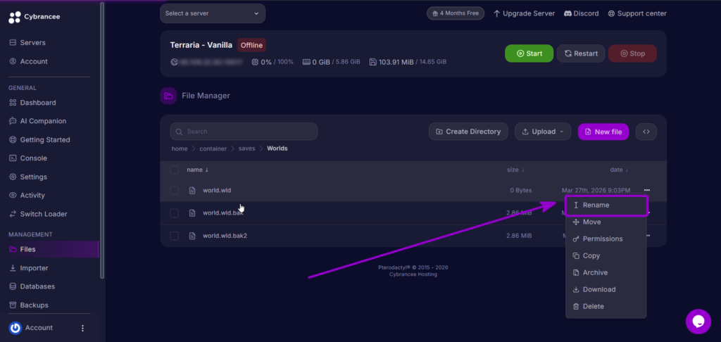 Selecting the Rename option for the corrupted world file in the Cybrancee file manager.