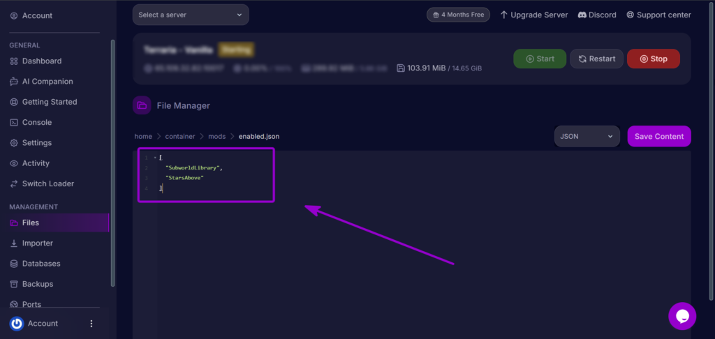 Cybrancee Panel Terraria Enabled Json Reordered Mod Array Outlined With Arrow