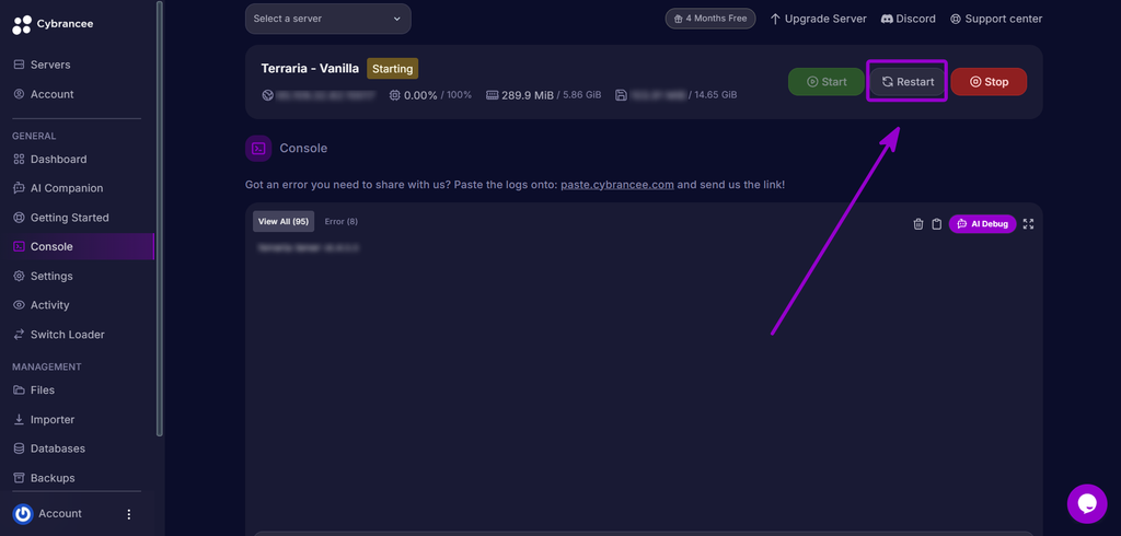 Clicking the Restart button in the server console to refresh the Terraria server.