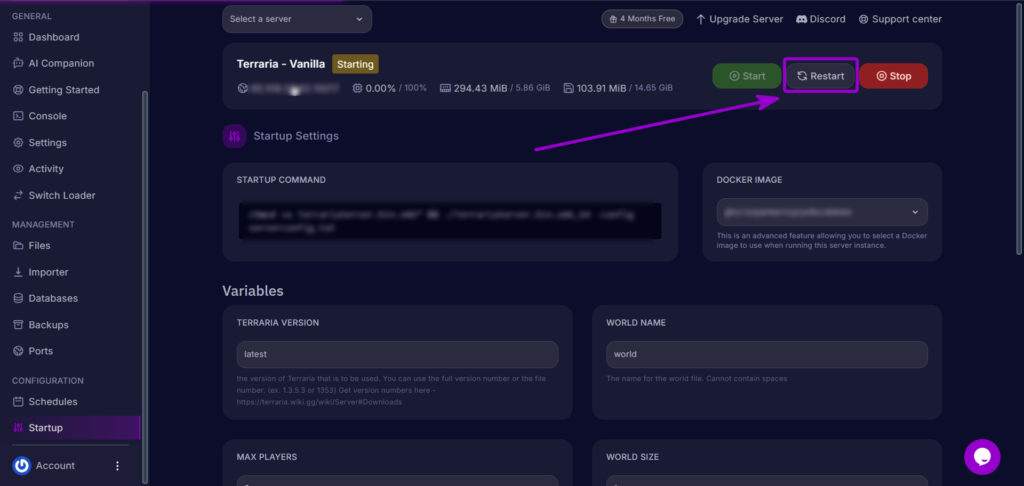 Clicking the Restart button on the server header to refresh network connections.