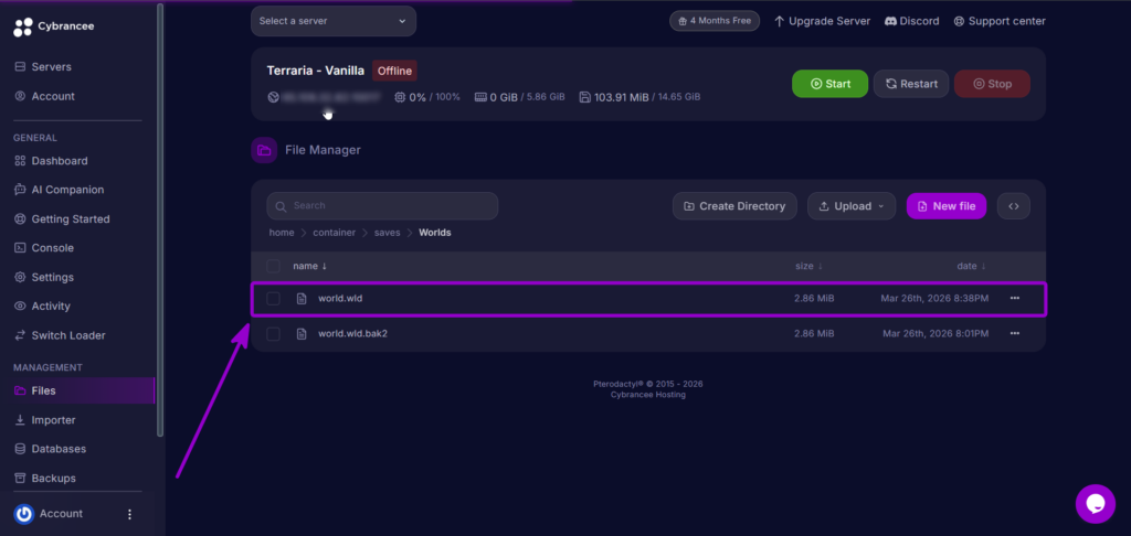 Restoring the Terraria world backup by renaming the .wld.bak file to .wld.