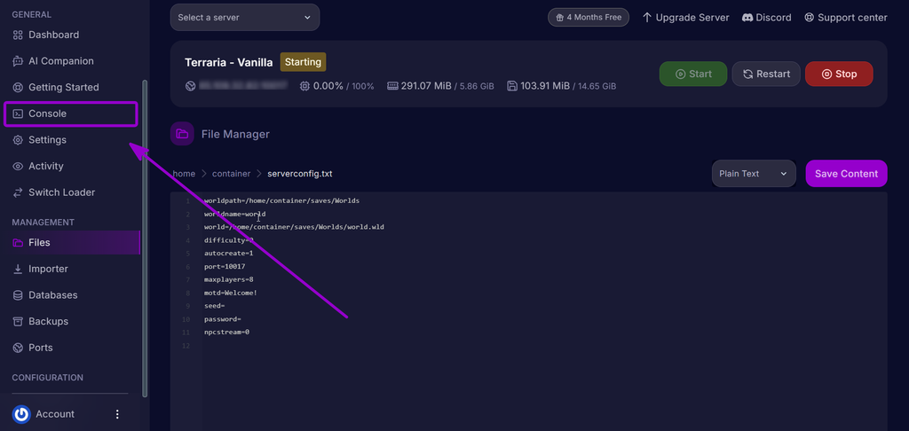 Returning to the Console tab from the Cybrancee control panel sidebar.