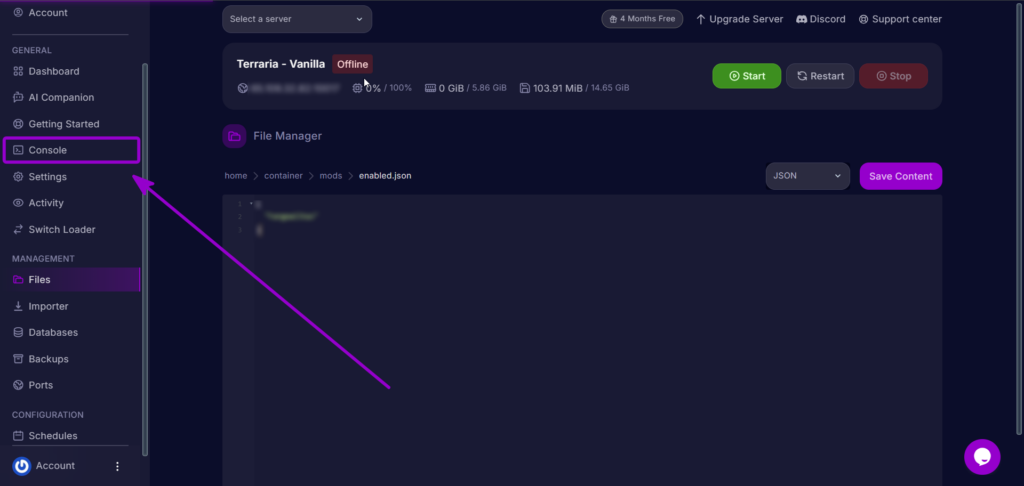 Returning to the Console tab from the Cybrancee control panel sidebar.