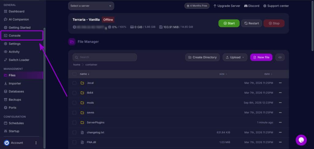 Returning to the Console tab from the Cybrancee control panel sidebar.