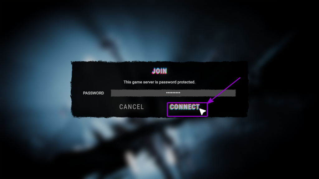 SOTF direct server successful password connect highlighted with arrow