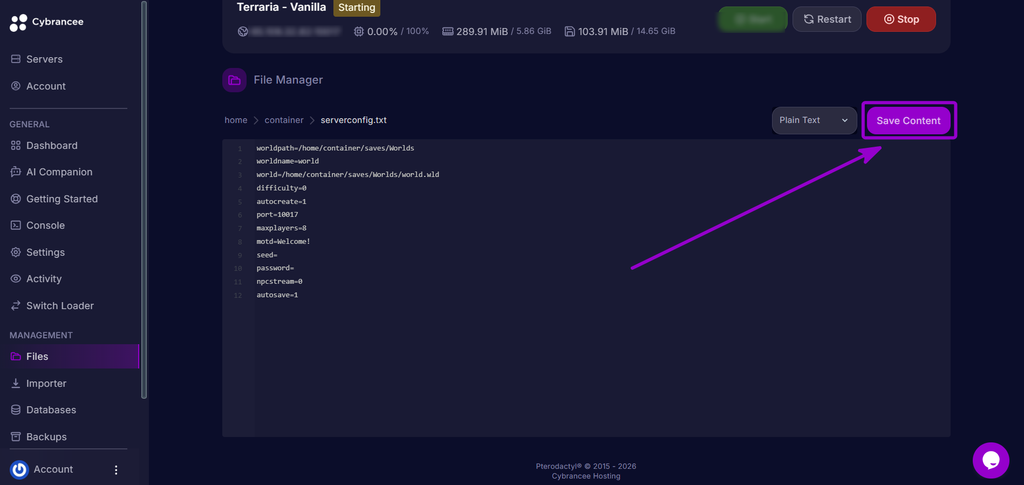 Clicking the Save Content button to save changes to serverconfig.txt.
