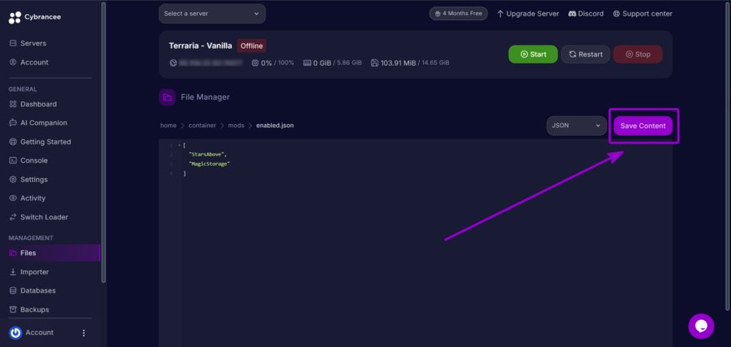 Cybrancee Panel Terraria File Editor Save Content Button Outlined With Arrow
