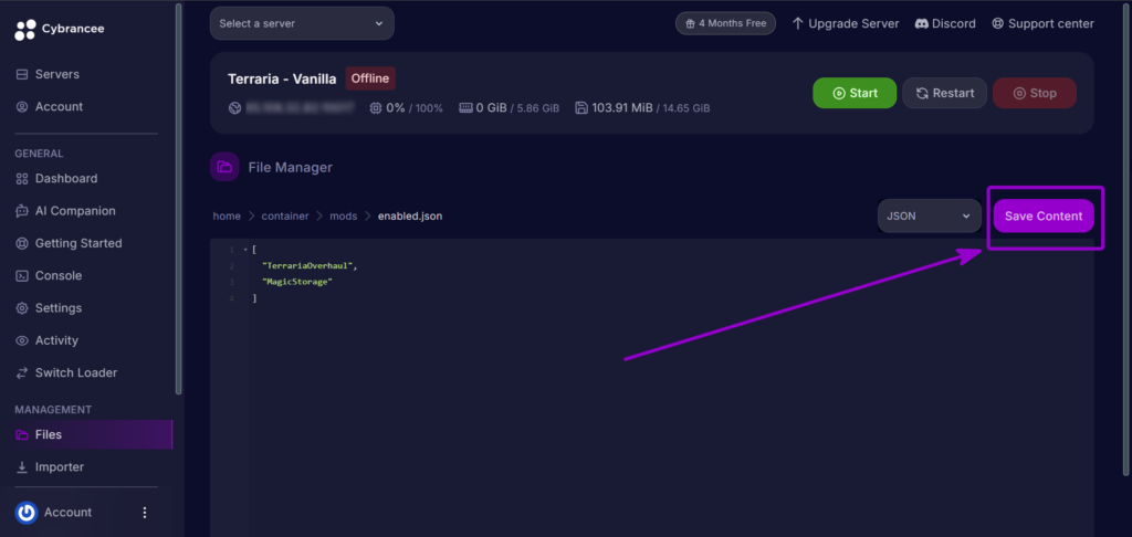 Cybrancee Panel Terraria File Editor Save Content Button Outlined With Arrow