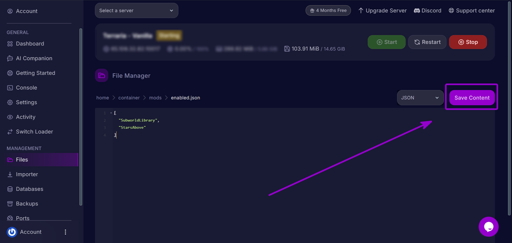 Cybrancee Panel Terraria File Editor Save Content Button Outlined With Arrow