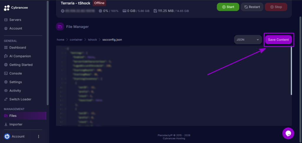 Cybrancee Panel Terraria File Editor Save Content Button Outlined With Arrow