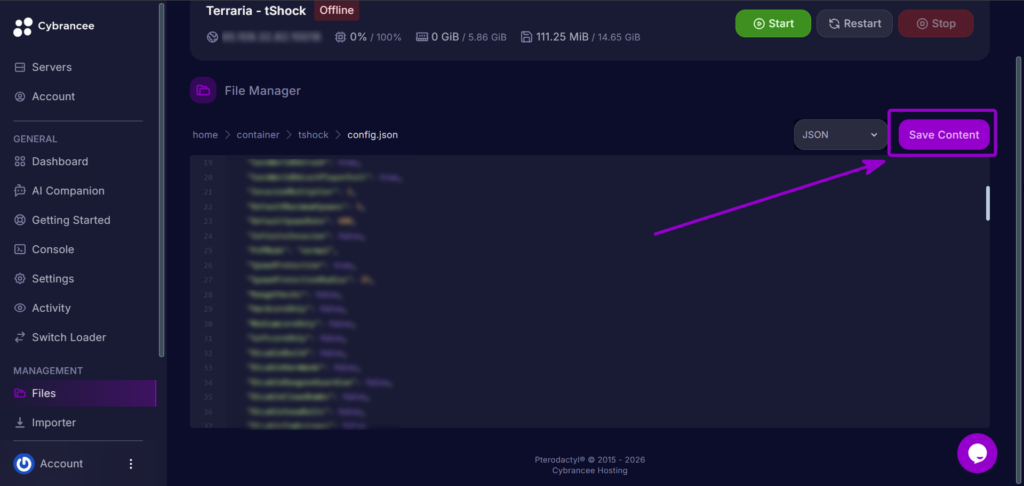 Cybrancee Panel Terraria File Editor Save Content Button Outlined With Arrow