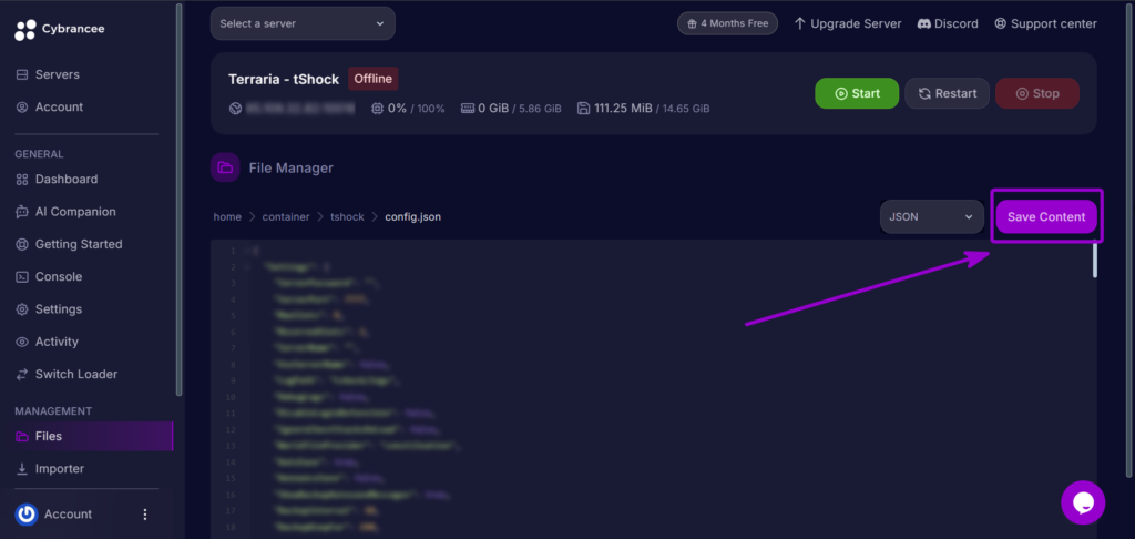 Cybrancee Panel Terraria File Editor Save Content Button Outlined With Arrow