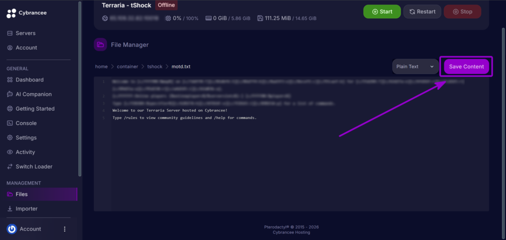 Cybrancee Panel Terraria File Editor Save Content Button Outlined With Arrow