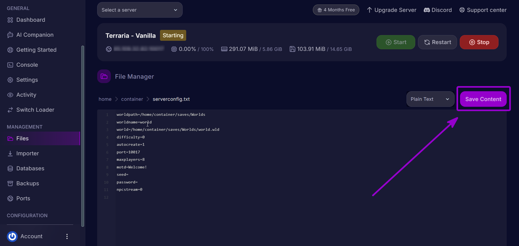 Clicking the Save Content button to save changes to serverconfig.txt.