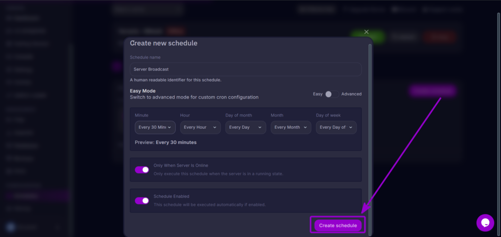 Saving the newly created schedule in the schedule configuration modal.