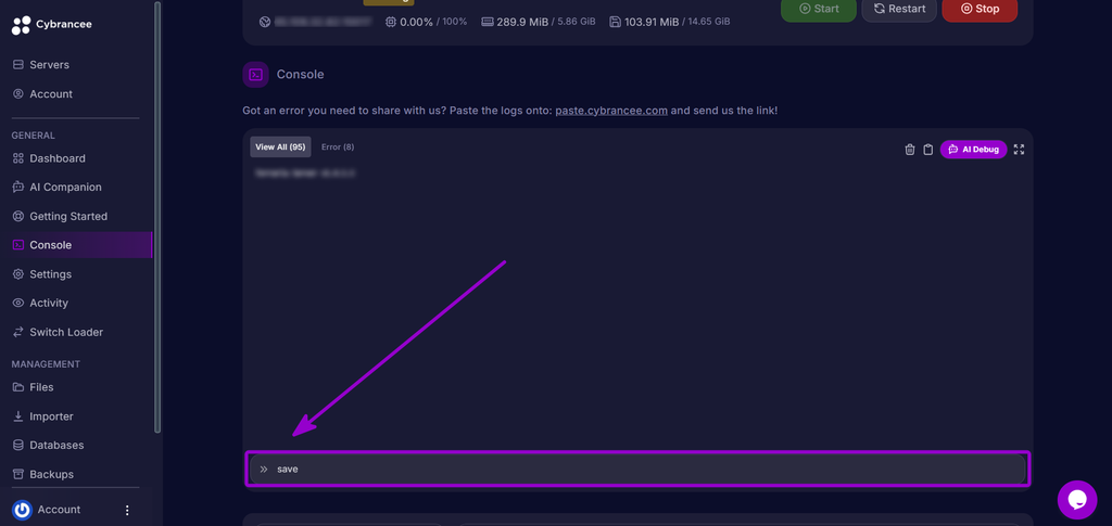 Executing the save command in the server console to save world progress.