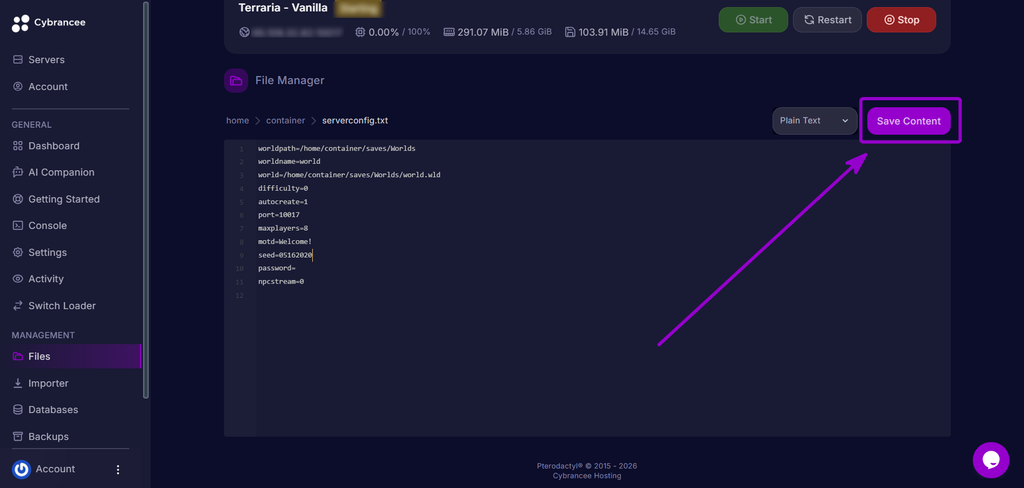 Clicking the Save Content button to save changes to serverconfig.txt.