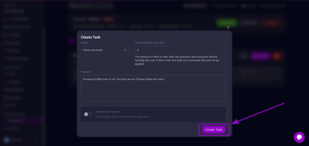 Saving the task to activate automated server broadcasts on the Cybrancee panel.