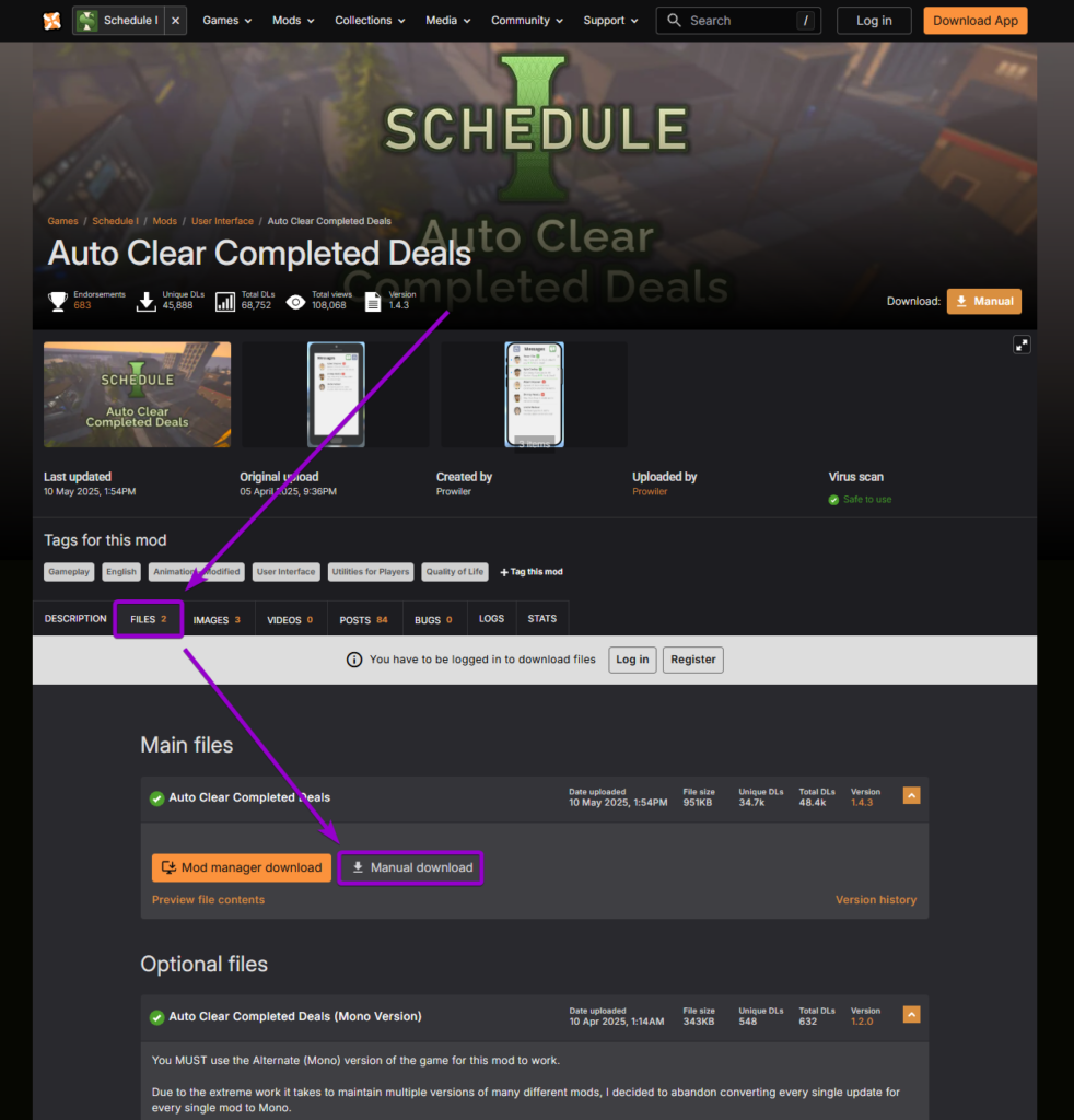 Selecting manual download for the Auto Clear Completed Deals mod under the Files tab on Nexus Mods