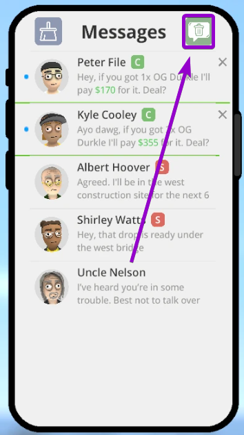 Highlighting the green Auto Clear toggle button in the top right header of the in-game smartphone Messages app
